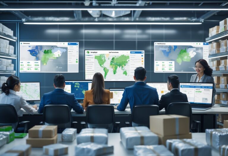 Equipe de profissionais monitorando rastreamento de cargas em escritório moderno com telas digitais e pacotes organizados ao fundo.