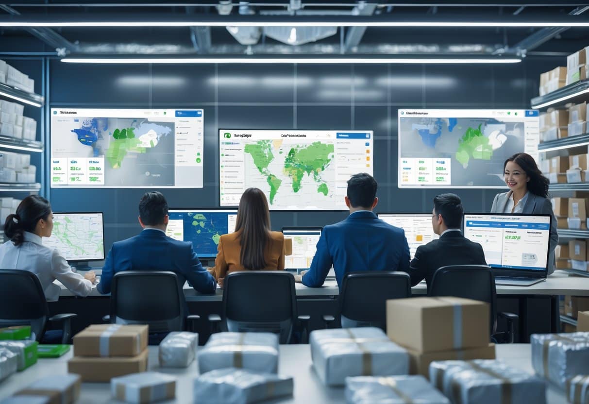 Equipe de profissionais monitorando rastreamento de cargas em escritório moderno com telas digitais e pacotes organizados ao fundo.