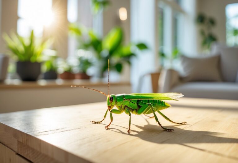 Um grilo verde dentro de uma casa, posado sobre uma superfície de madeira com luz natural entrando pela janela.
