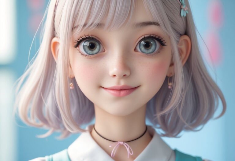 Personagem feminina de anime sorrindo com cabelo pastel e fundo desfocado em tons suaves.