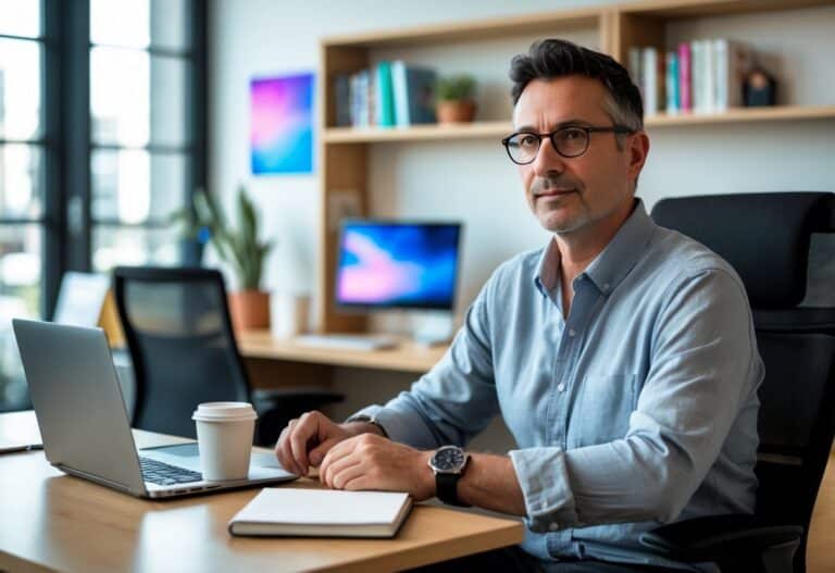Homem sentado em uma mesa de escritório moderno, com laptop e livros ao fundo, em um ambiente iluminado e tranquilo.