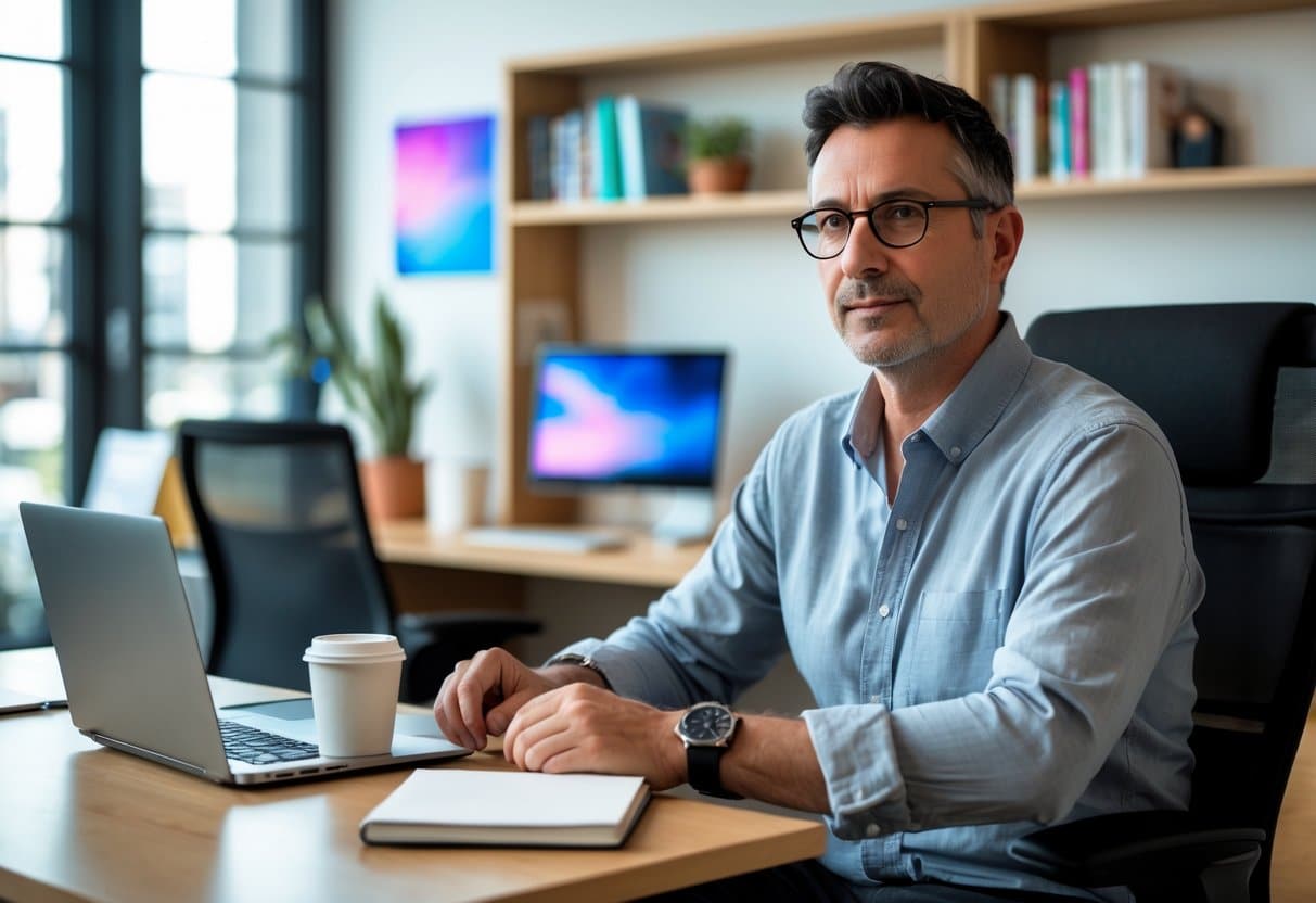 Homem sentado em uma mesa de escritório moderno, com laptop e livros ao fundo, em um ambiente iluminado e tranquilo.