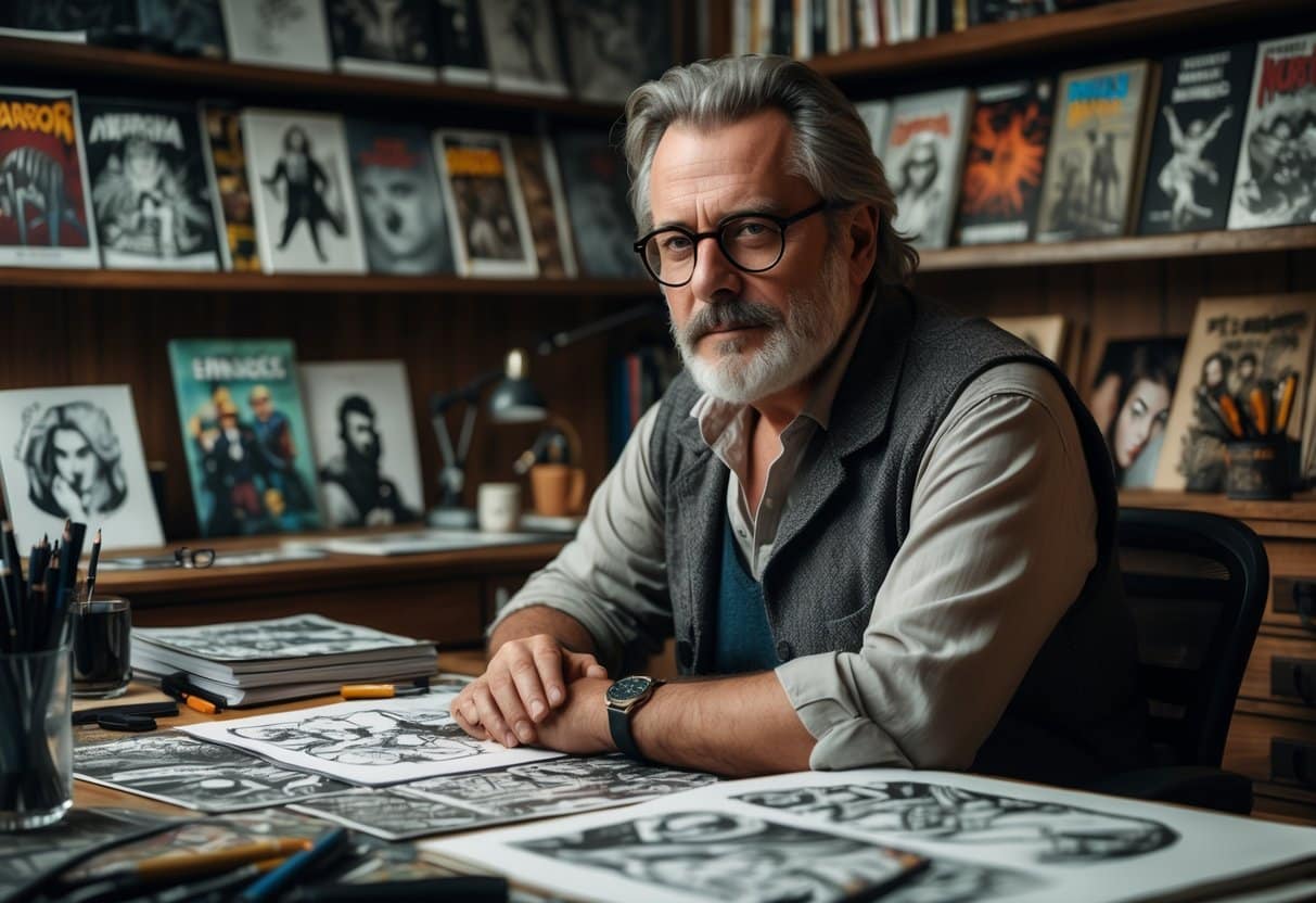 Homem de meia-idade sentado em uma mesa de artista com desenhos de quadrinhos e materiais de desenho em um estúdio criativo.