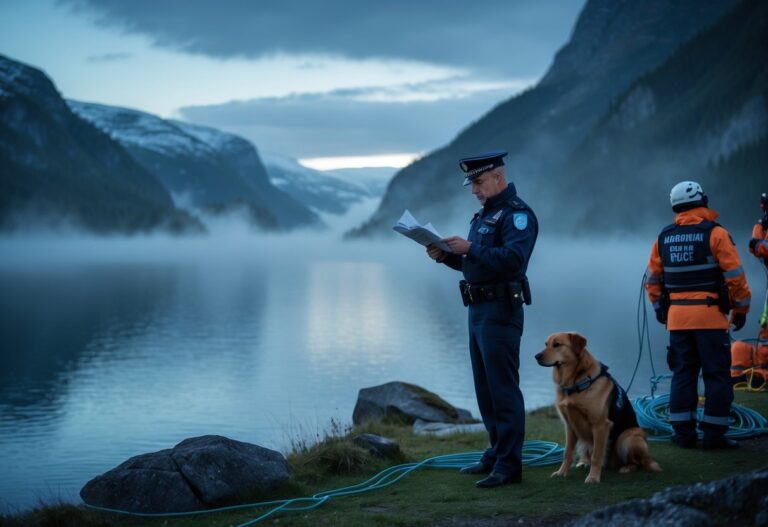 Policial norueguês perto de um fiorde ao entardecer, com equipe de busca e cachorro de resgate se preparando para investigação.