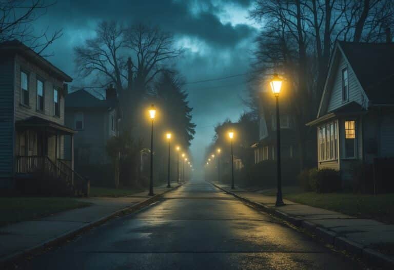 Rua estreita e escura com casas antigas e iluminação fraca, criando uma atmosfera misteriosa e assustadora à noite.