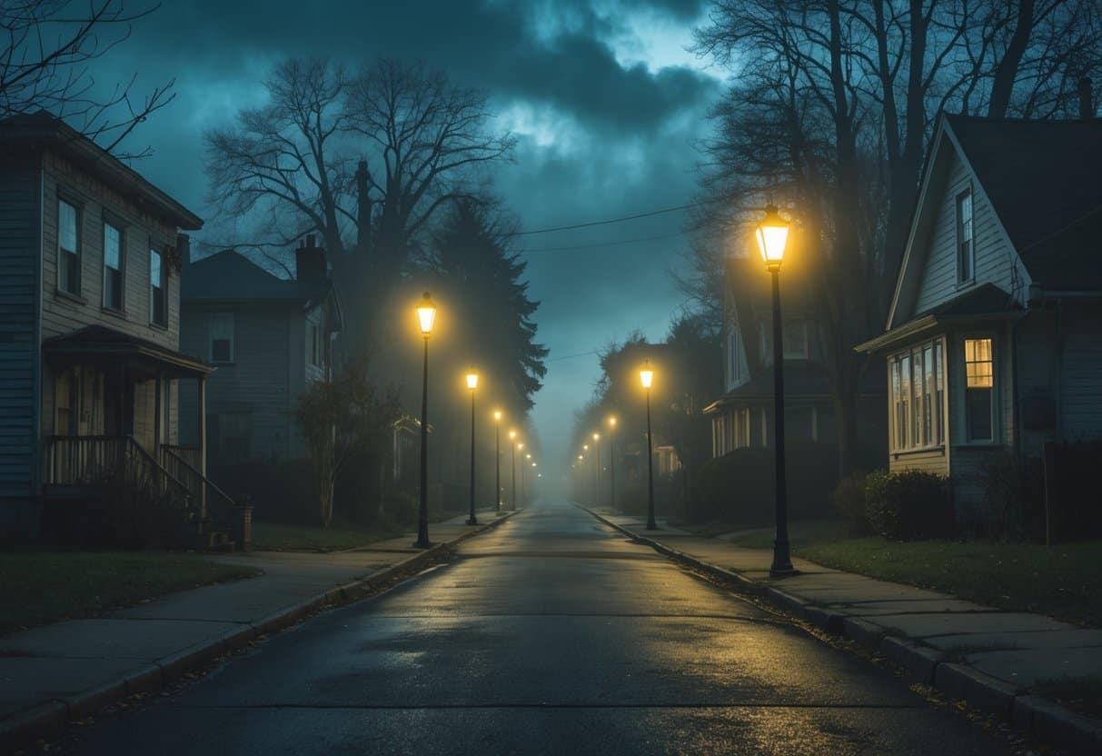 Rua estreita e escura com casas antigas e iluminação fraca, criando uma atmosfera misteriosa e assustadora à noite.