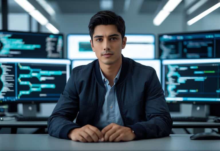 Homem jovem sentado em uma mesa moderna com vários monitores de computador mostrando dados e códigos, em um ambiente de escritório tecnológico.