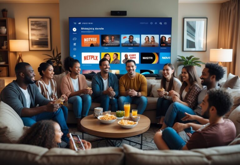 Um grupo diverso de pessoas reunidas em uma sala de estar confortável, assistindo a uma televisão grande com interface de serviço de streaming, todas sorrindo e aproveitando o momento.