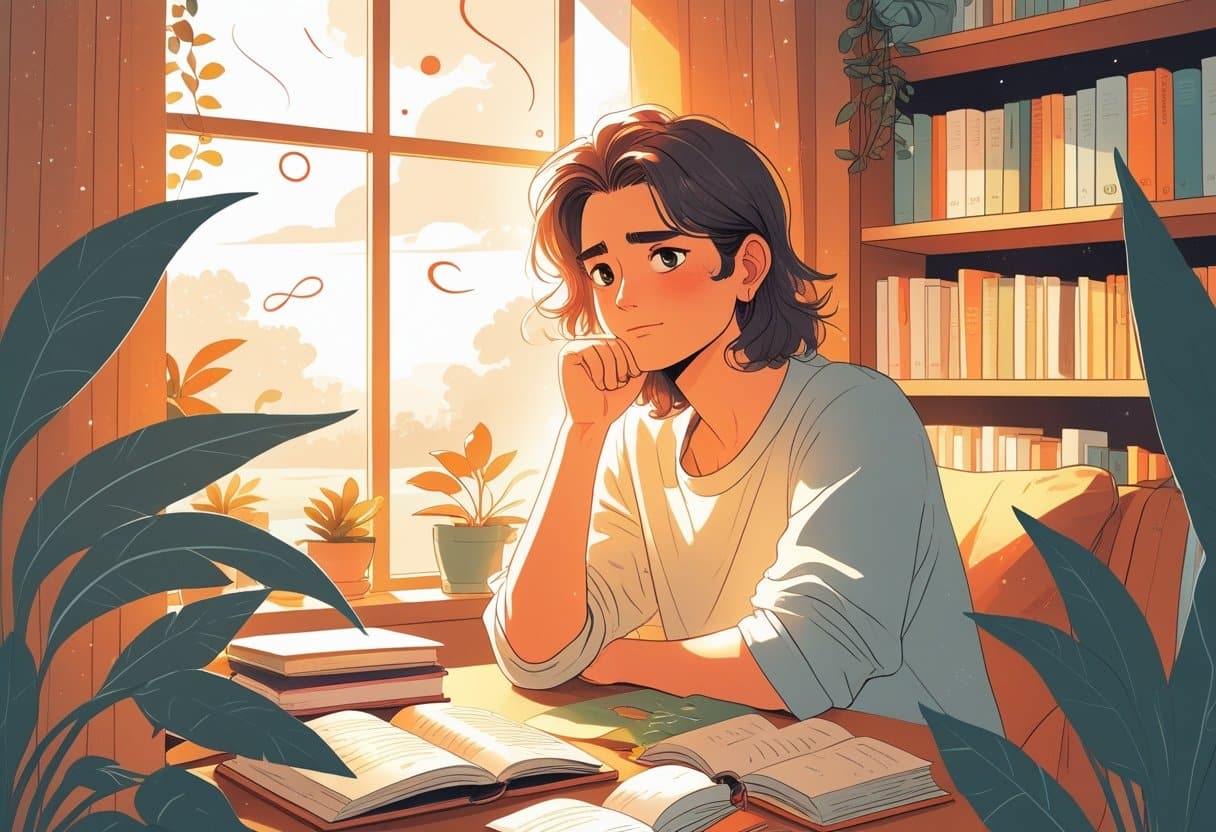 Pessoa jovem pensativa sentada em um ambiente acolhedor com livros e plantas, olhando para frente com expressão reflexiva.