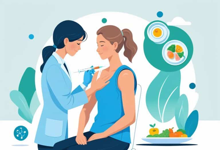 Um profissional de saúde aplicando uma injeção de vitamina B12 no braço de um paciente sentado.