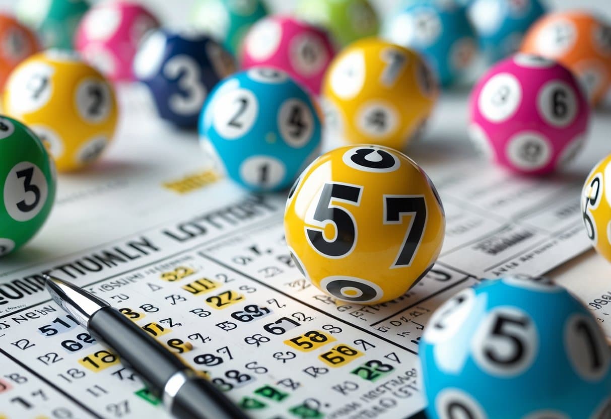 Bilhete de loteria com números destacados e bolas coloridas de loteria ao redor.