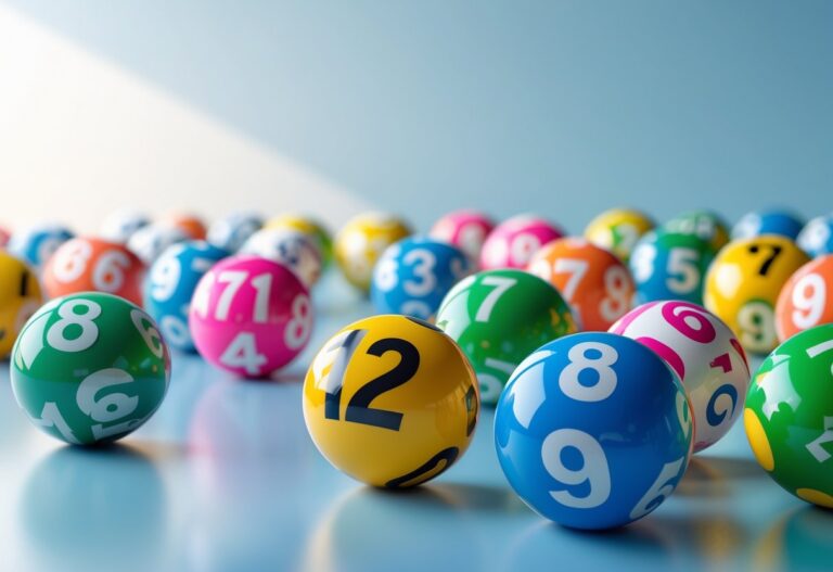 Bolas de loteria coloridas com números em destaque, organizadas sobre uma superfície clara, representando números mais sorteados no Dia de Sorte.