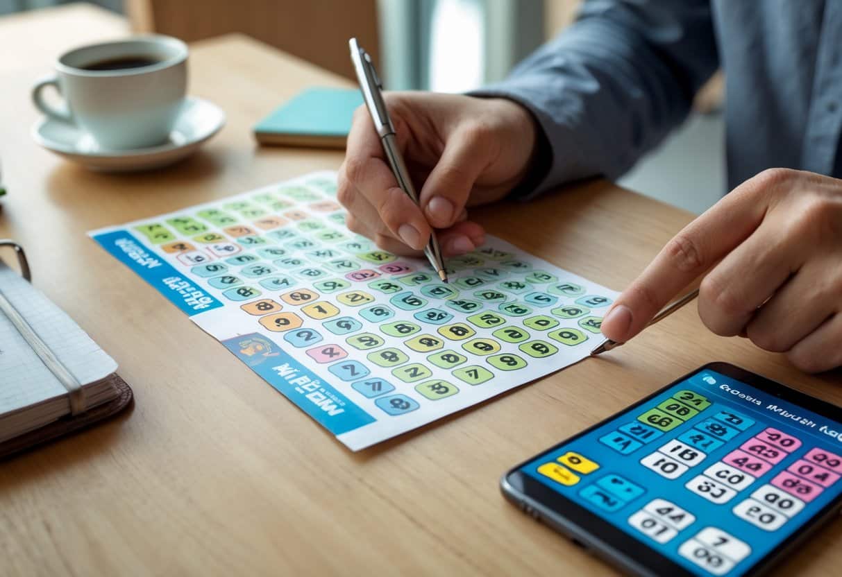 Pessoa escolhendo números em um bilhete da Mega Sena com um celular mostrando um aplicativo de loteria em uma mesa com café e caderno ao fundo.