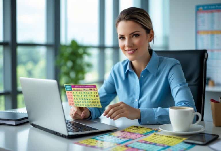 Pessoa confiante sentada à mesa analisando bilhetes de loteria e gráficos em um escritório bem iluminado.