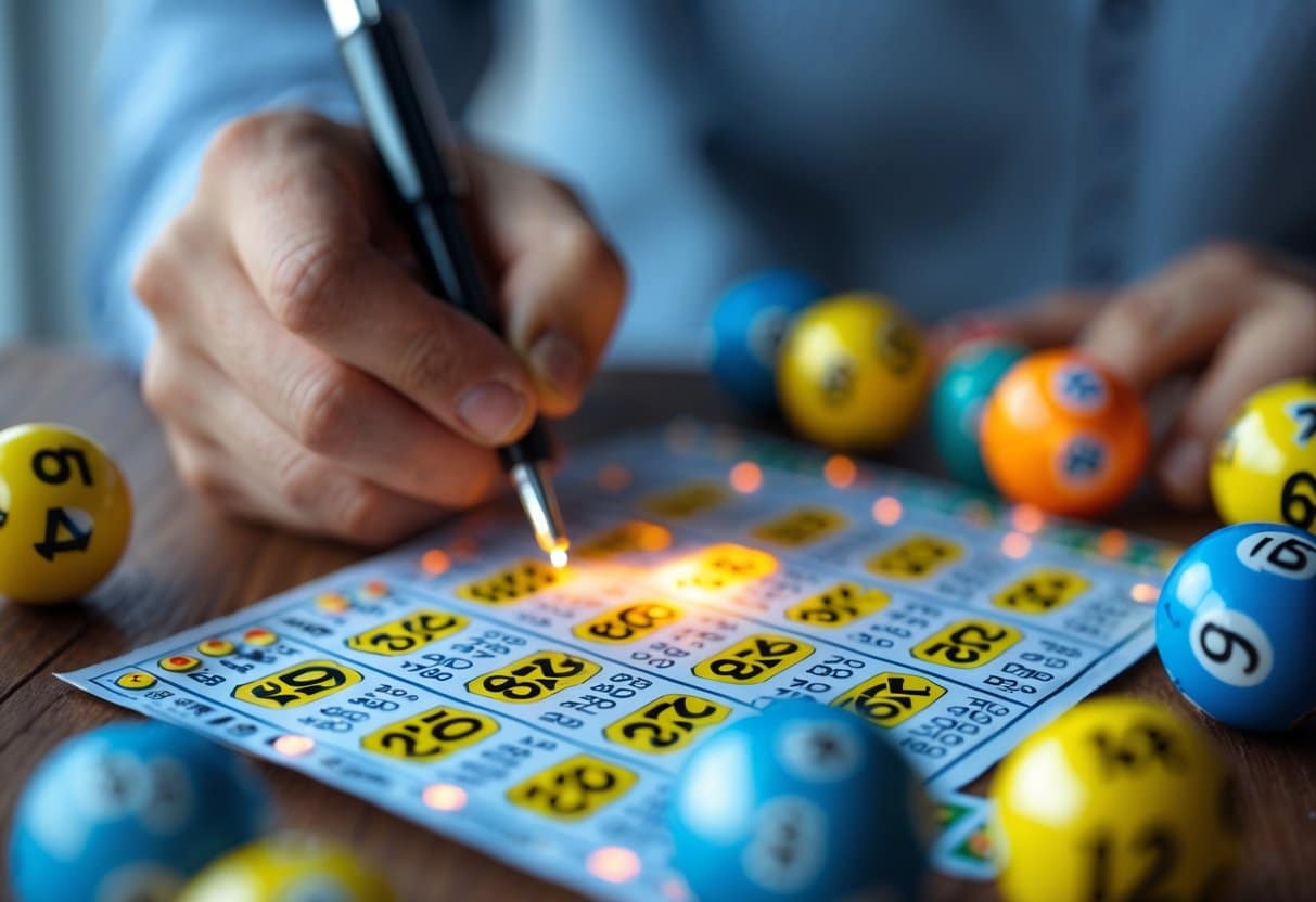 Mão segurando uma caneta marcando números em um bilhete de loteria com bolas coloridas numeradas ao redor sobre uma mesa.