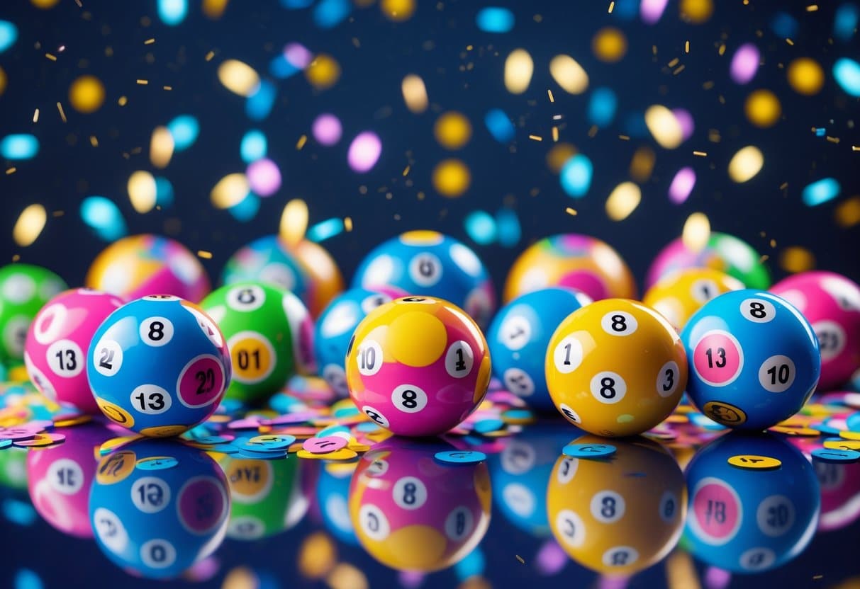Bolas coloridas de loteria em uma superfície brilhante com confetes e luzes ao fundo, transmitindo uma atmosfera de celebração.