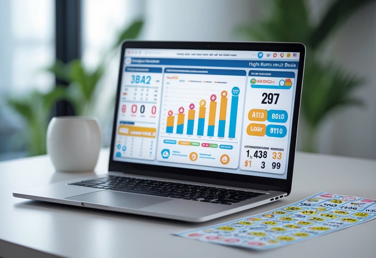 Mesa com um laptop mostrando gráficos de estatísticas da Mega Sena e um bilhete de loteria ao lado, destacando números atrasados.