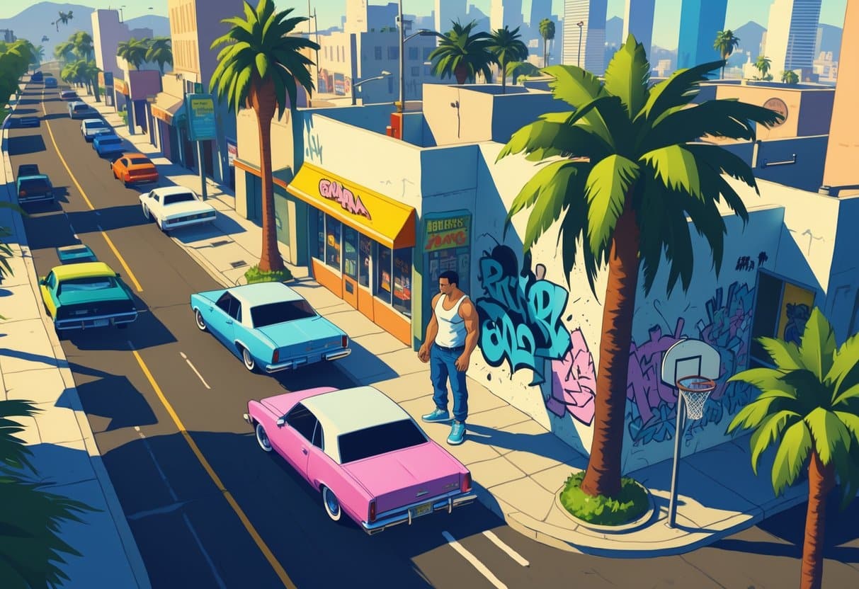 Cena urbana com ruas, carros clássicos, uma pessoa vestindo roupa casual perto de um muro com grafite, uma loja de conveniência e uma cesta de basquete ao fundo.