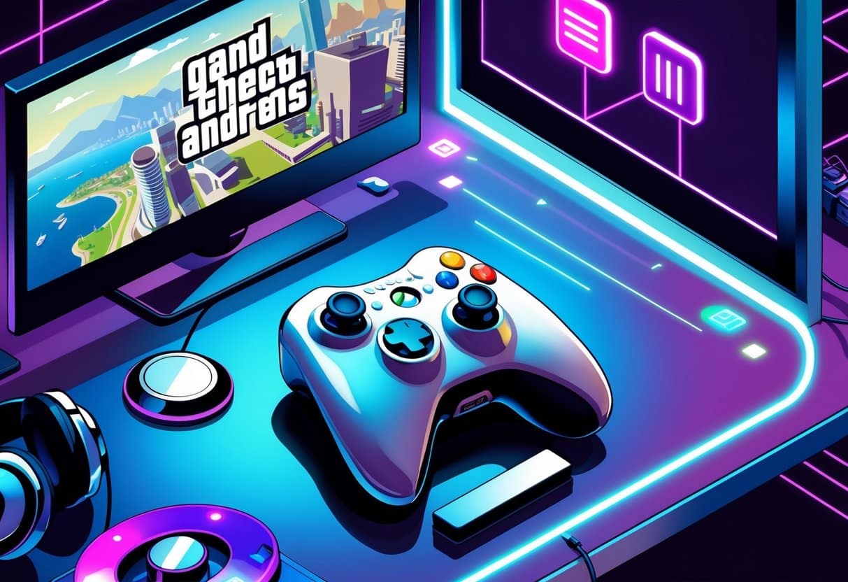 Ilustração mostrando um console Xbox 360 com controle em uma mesa, uma TV exibindo a cidade do jogo GTA San Andreas e ícones digitais que representam a ativação de códigos no jogo.