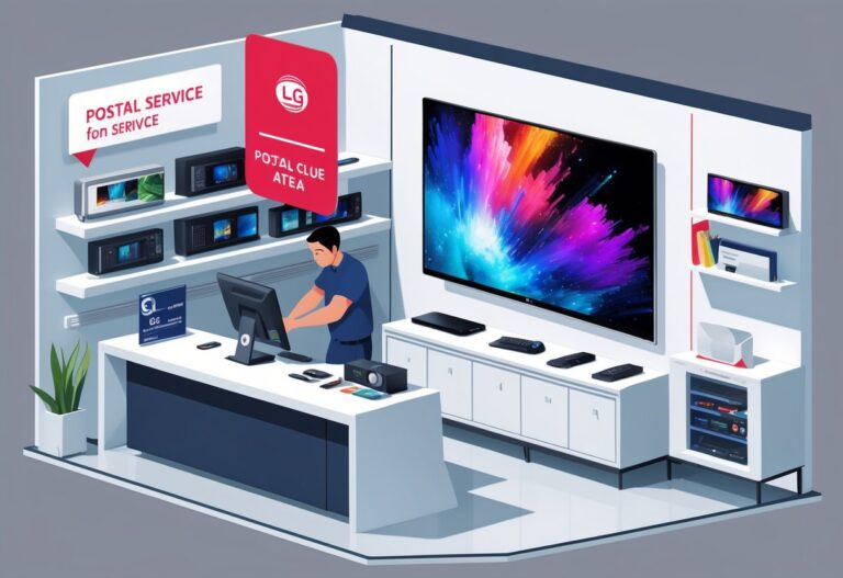 Área de serviço da LG para suporte a TVs, com um técnico atendendo um cliente em um balcão, uma TV LG montada na parede e prateleiras com equipamentos eletrônicos.