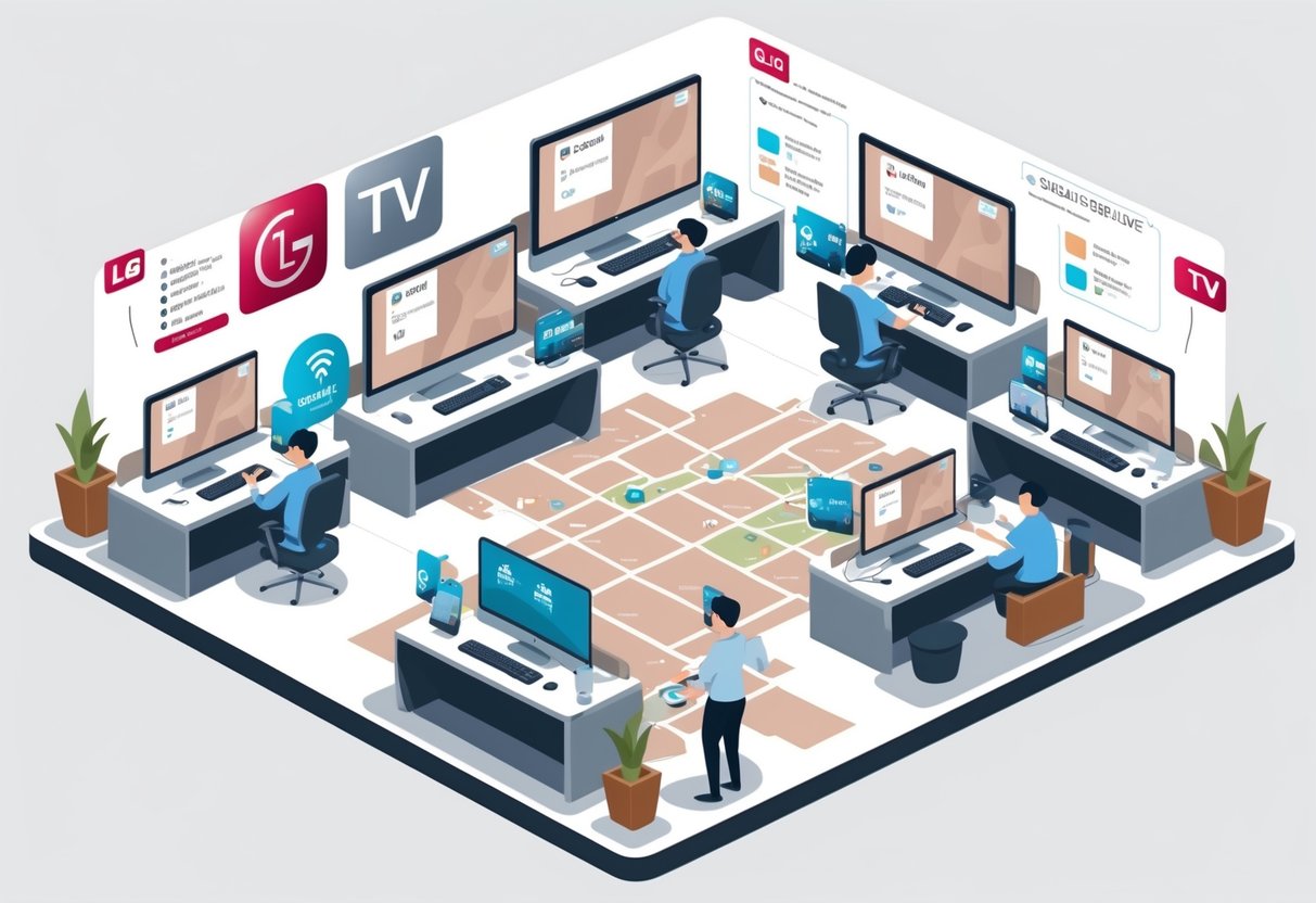 Ilustração de um centro de atendimento com mapas destacando códigos postais para área de serviço de TVs LG, com funcionários atendendo clientes em um ambiente moderno.