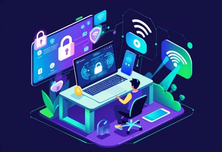 Pessoa sentada em uma mesa com laptop, cercada por ícones de Wi-Fi, cadeados e dados criptografados, em um ambiente de escritório moderno com roteador e dispositivos tecnológicos.