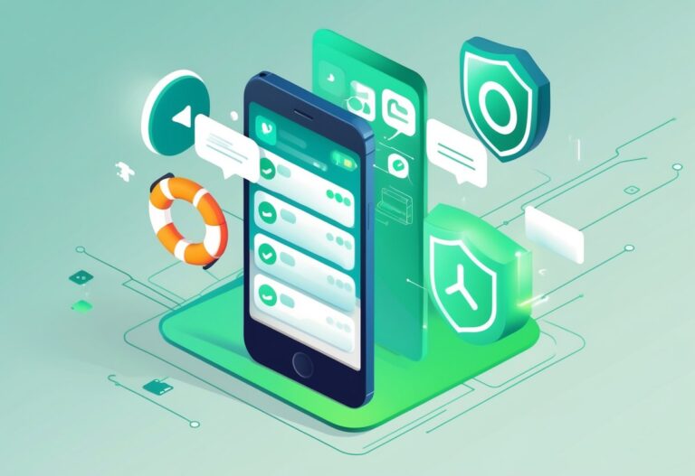 Ilustração mostrando um smartphone com mensagens sendo recuperadas, cercado por ícones de recuperação de dados e segurança.