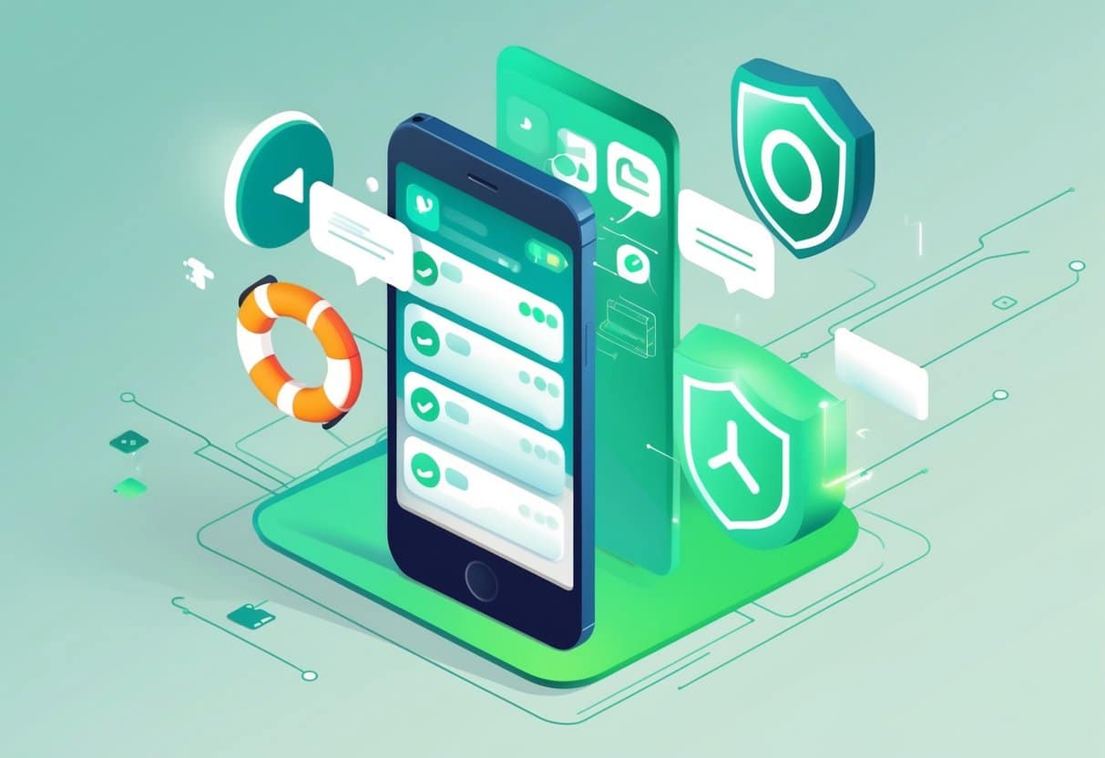 Ilustração mostrando um smartphone com mensagens sendo recuperadas, cercado por ícones de recuperação de dados e segurança.
