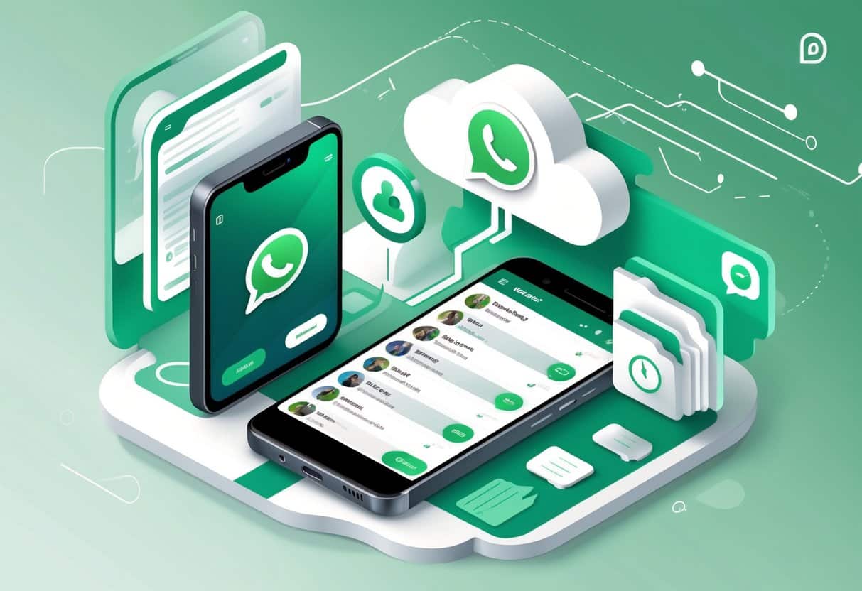 Ilustração mostrando um celular com o aplicativo WhatsApp aberto, um ícone de nuvem conectado ao celular, e elementos que representam backup e recuperação de mensagens.