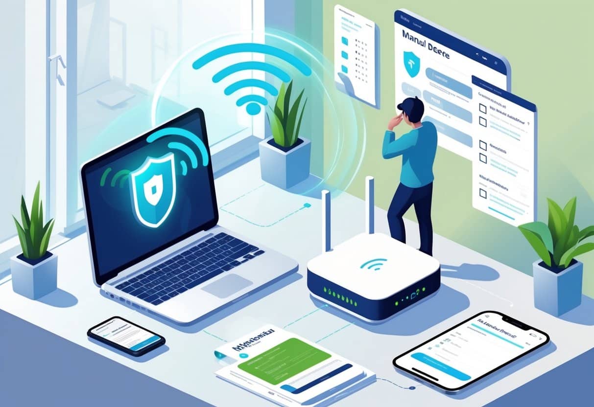 Pessoa em um escritório analisando um roteador e um laptop mostrando ícones de rede Wi-Fi e segurança, com elementos que representam métodos legais para descobrir senha de Wi-Fi protegido.