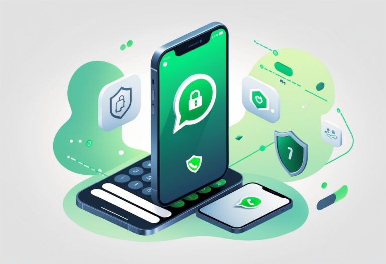 Ilustração de um smartphone com o aplicativo WhatsApp aberto, mostrando um ícone de cadeado e elementos digitais ao redor que simbolizam a configuração de senha.