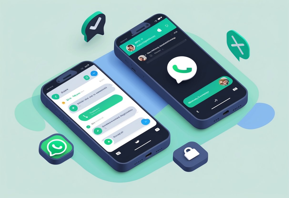 Dois smartphones em vista isométrica mostrando sinais de bloqueio no WhatsApp, com um chat exibindo um único tique cinza e foto de perfil desfocada.