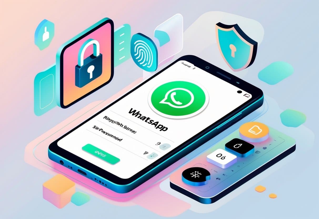 Ilustração mostrando um smartphone com a interface do WhatsApp e ícones de segurança como cadeado, impressão digital e teclado numérico ao redor.