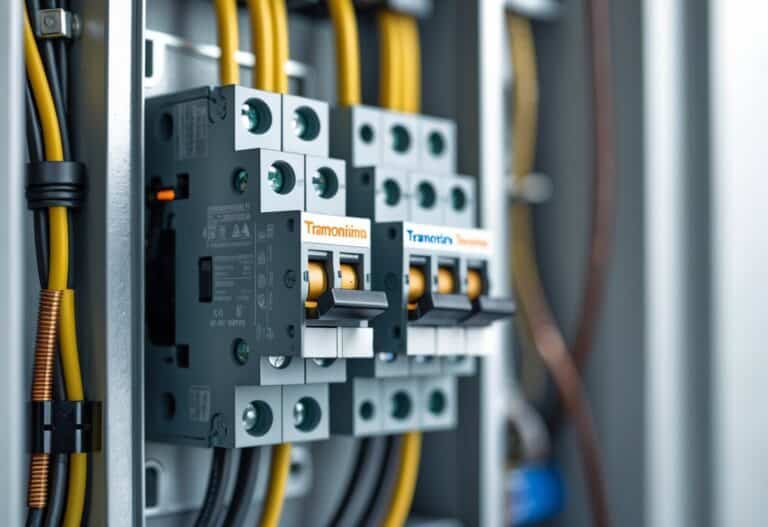 Disjuntor Tramontina instalado em um painel elétrico com fios organizados ao redor.
