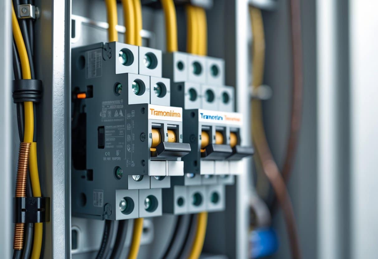 Disjuntor Tramontina instalado em um painel elétrico com fios organizados ao redor.