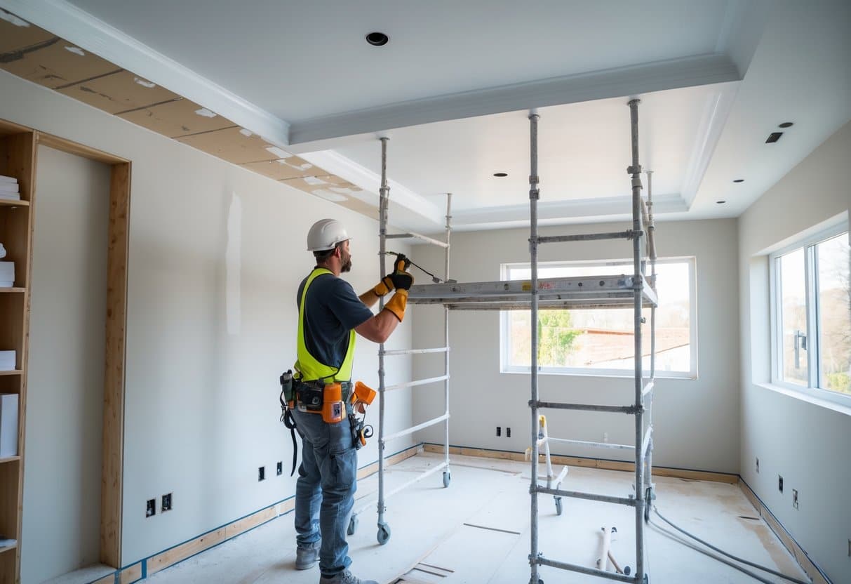 Trabalhador instalando gesso no teto de uma sala moderna com equipamentos de construção.