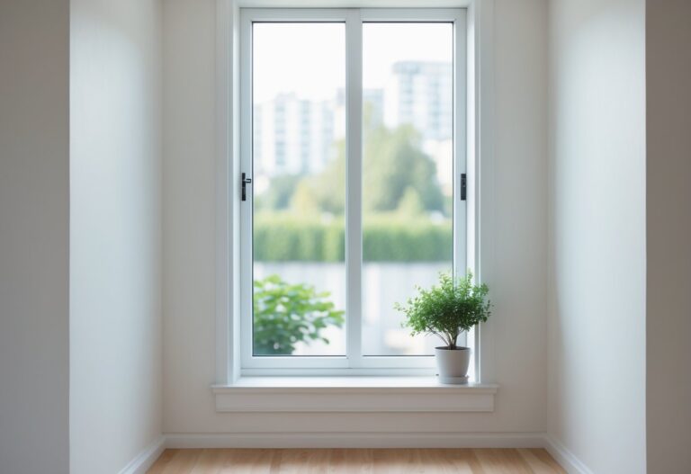 Janela padrão em uma sala iluminada com luz natural e planta próxima.