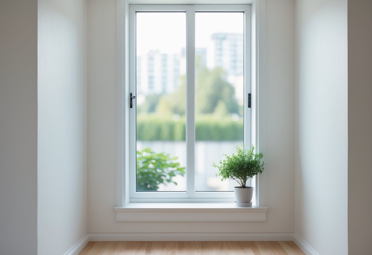 Janela padrão em uma sala iluminada com luz natural e planta próxima.