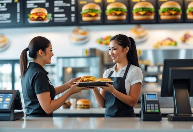 Funcionário de restaurante fast food entregando uma refeição para um cliente sorridente no balcão.