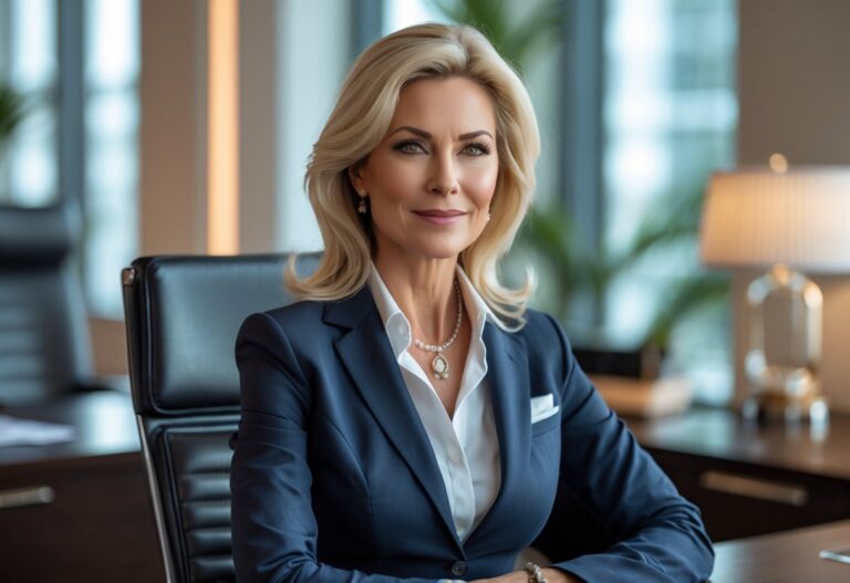 Mulher elegante sentada em um escritório moderno e luxuoso, transmitindo confiança e sucesso.