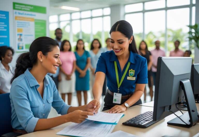 Mulher recebendo atendimento em um escritório de serviço social para solicitar um novo cartão do Bolsa Família.