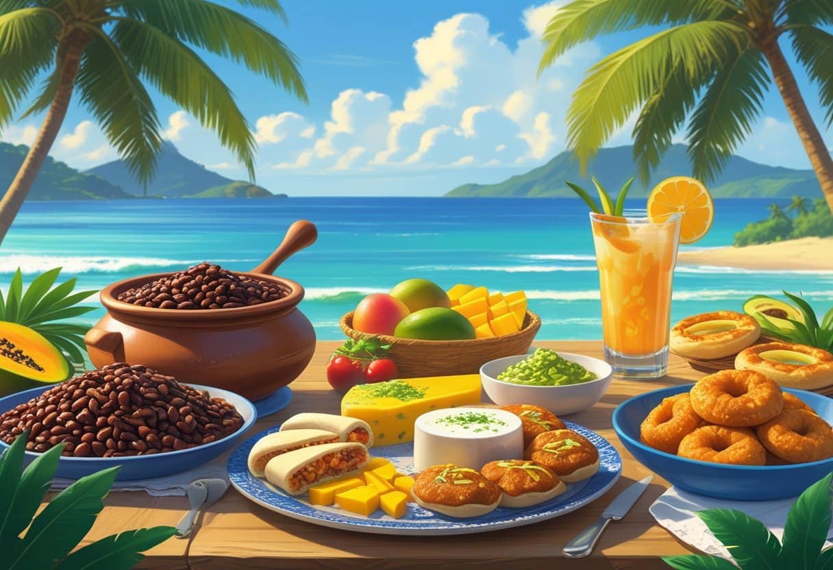 Mesa com pratos tradicionais do Rio de Janeiro, incluindo feijoada, pastel, pão de queijo, frutas tropicais, caipirinha e acarajé, com praia ao fundo.