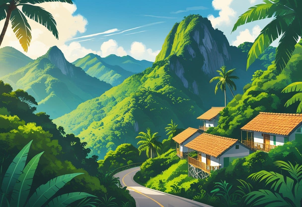 Montanhas verdes com vegetação tropical densa e casas pequenas entre as colinas no Rio de Janeiro.
