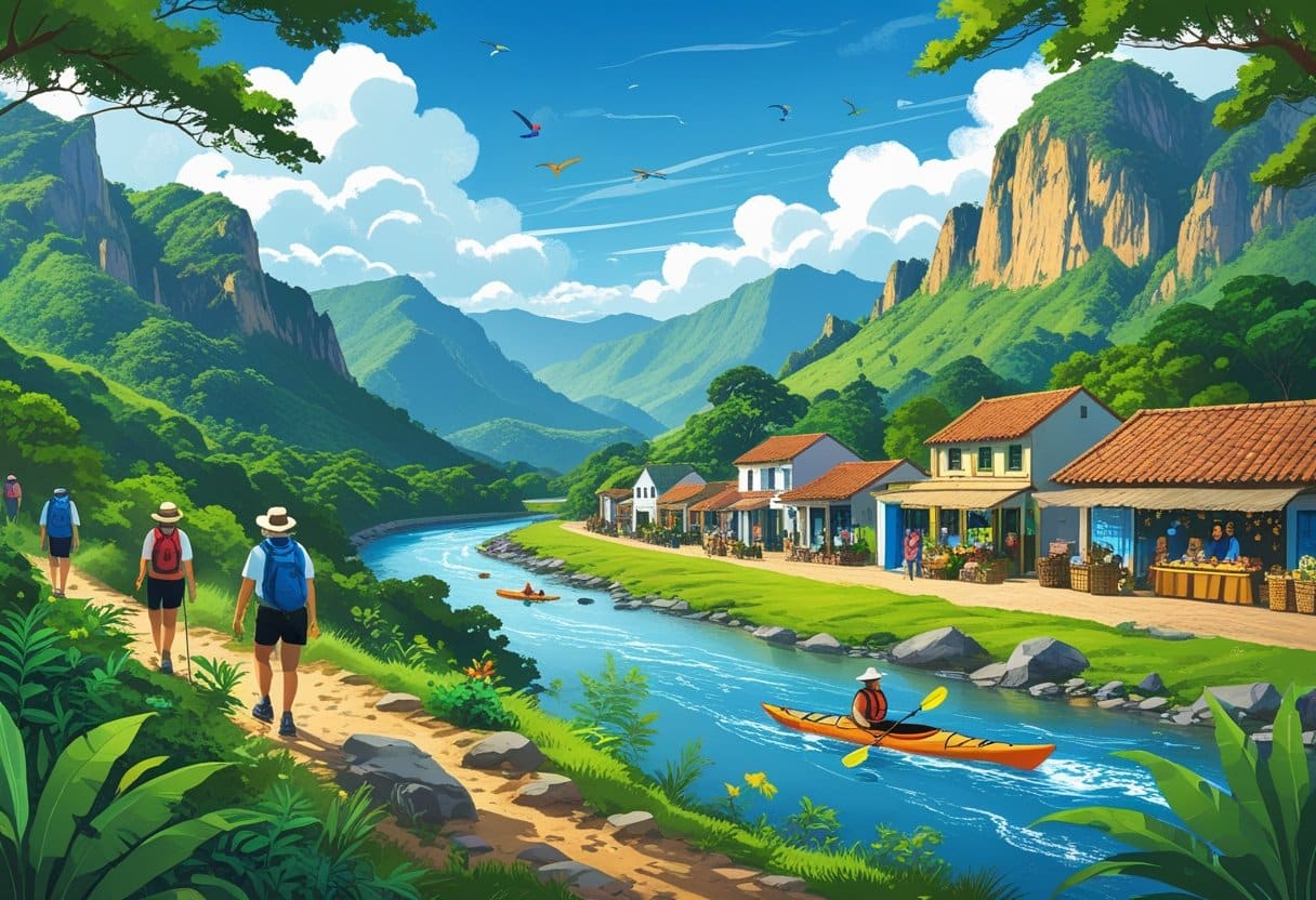 Paisagem montanhosa de Aiuruoca com turistas caminhando por trilhas, uma vila colonial com artesãos e pessoas praticando caiaque no rio.