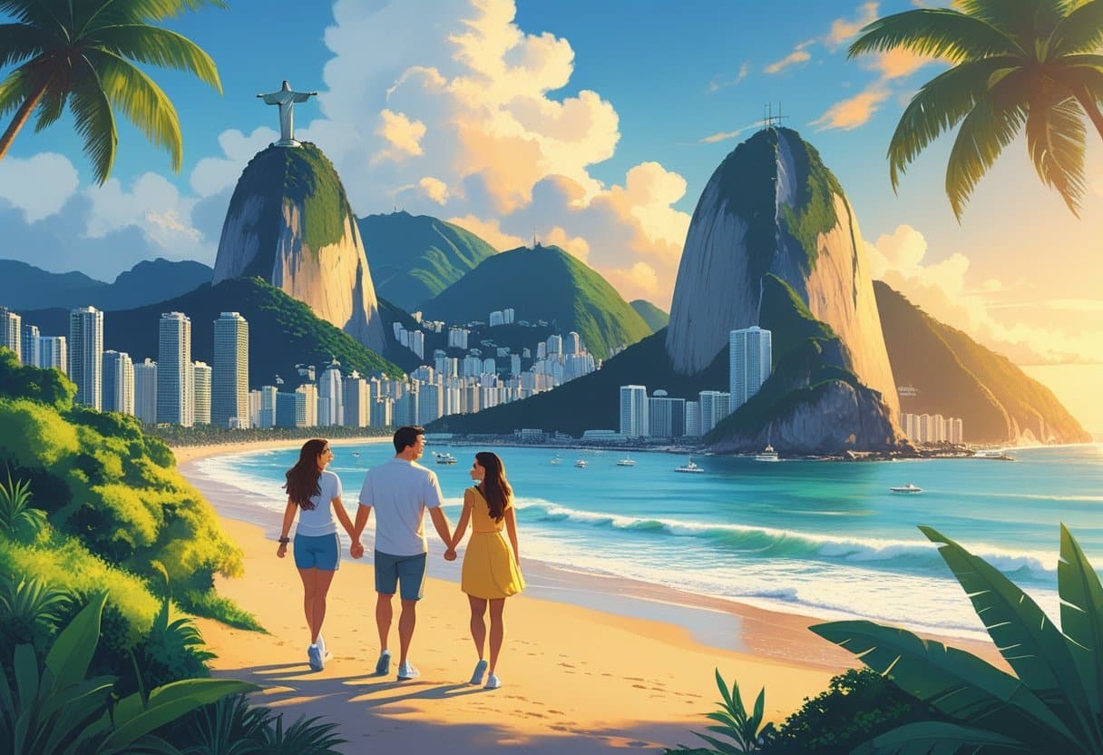 Casal aproveitando pontos turísticos famosos do Rio de Janeiro, como o Cristo Redentor, Pão de Açúcar e a praia de Copacabana, em momentos românticos ao ar livre.
