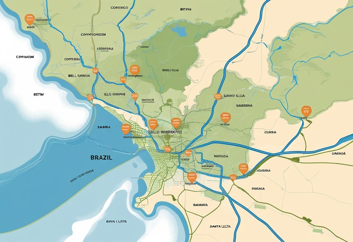Mapa ilustrado mostrando Belo Horizonte no centro e cidades próximas ao redor, conectadas por estradas e com elementos geográficos como colinas e rios.