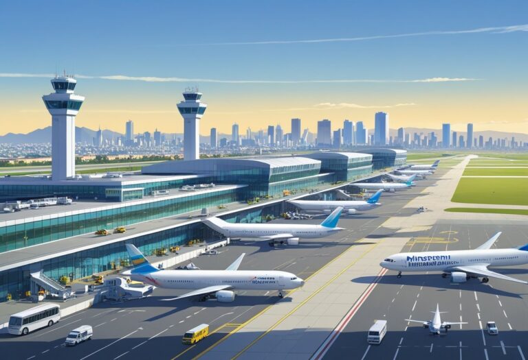 Ilustração mostrando os aeroportos principais de Buenos Aires com terminais, pistas de pouso e decolagem, aviões e a linha do horizonte da cidade ao fundo.