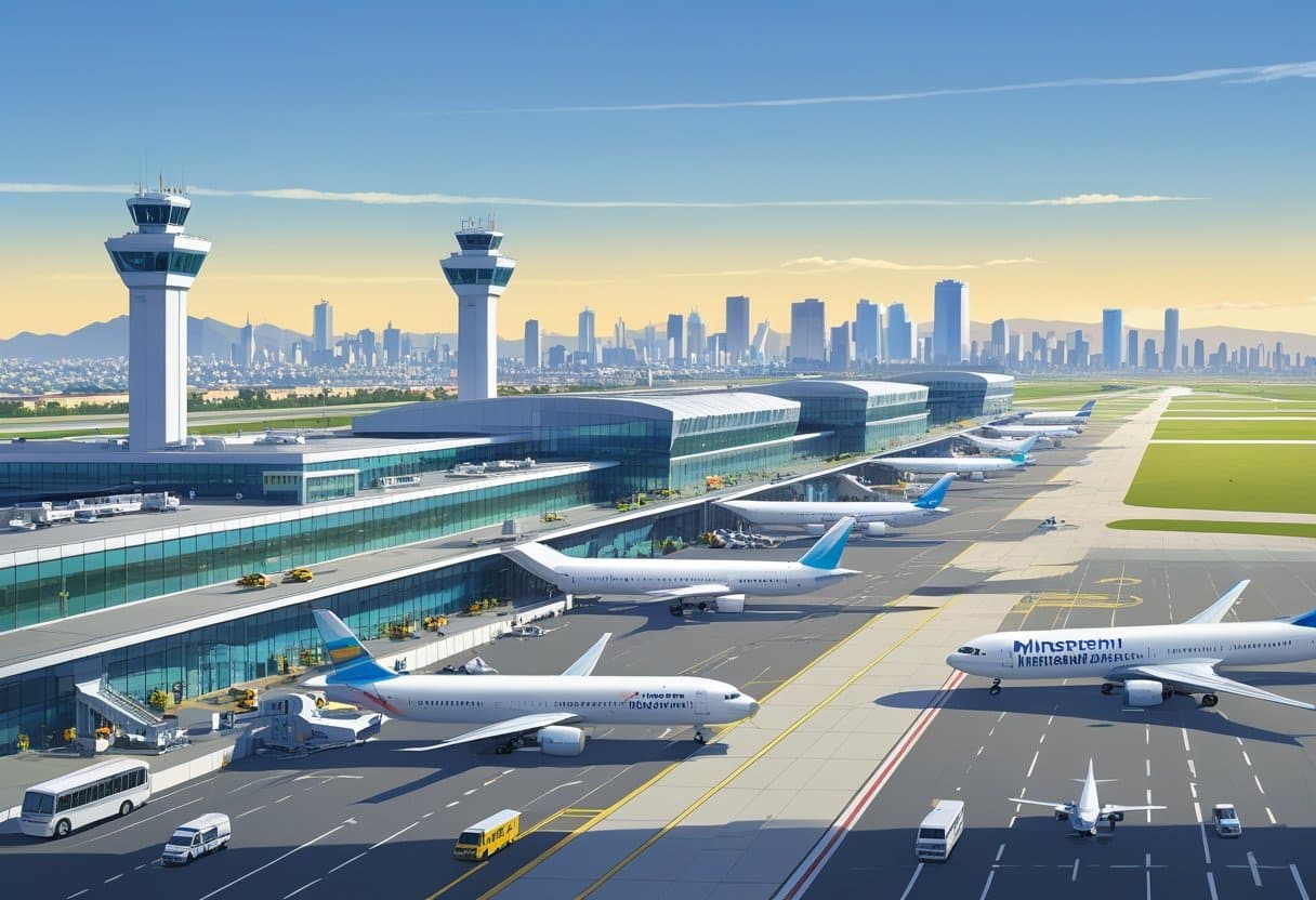 Ilustração mostrando os aeroportos principais de Buenos Aires com terminais, pistas de pouso e decolagem, aviões e a linha do horizonte da cidade ao fundo.