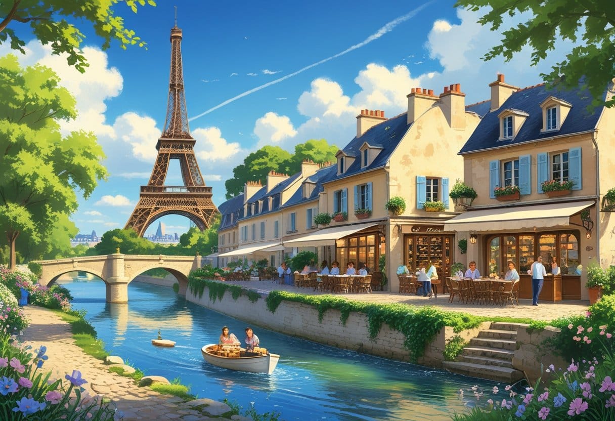 Cena de um passeio de um dia saindo de Paris, mostrando a Torre Eiffel ao fundo, uma vila francesa com ruas de paralelepípedo, um café e um rio com um barco pequeno.