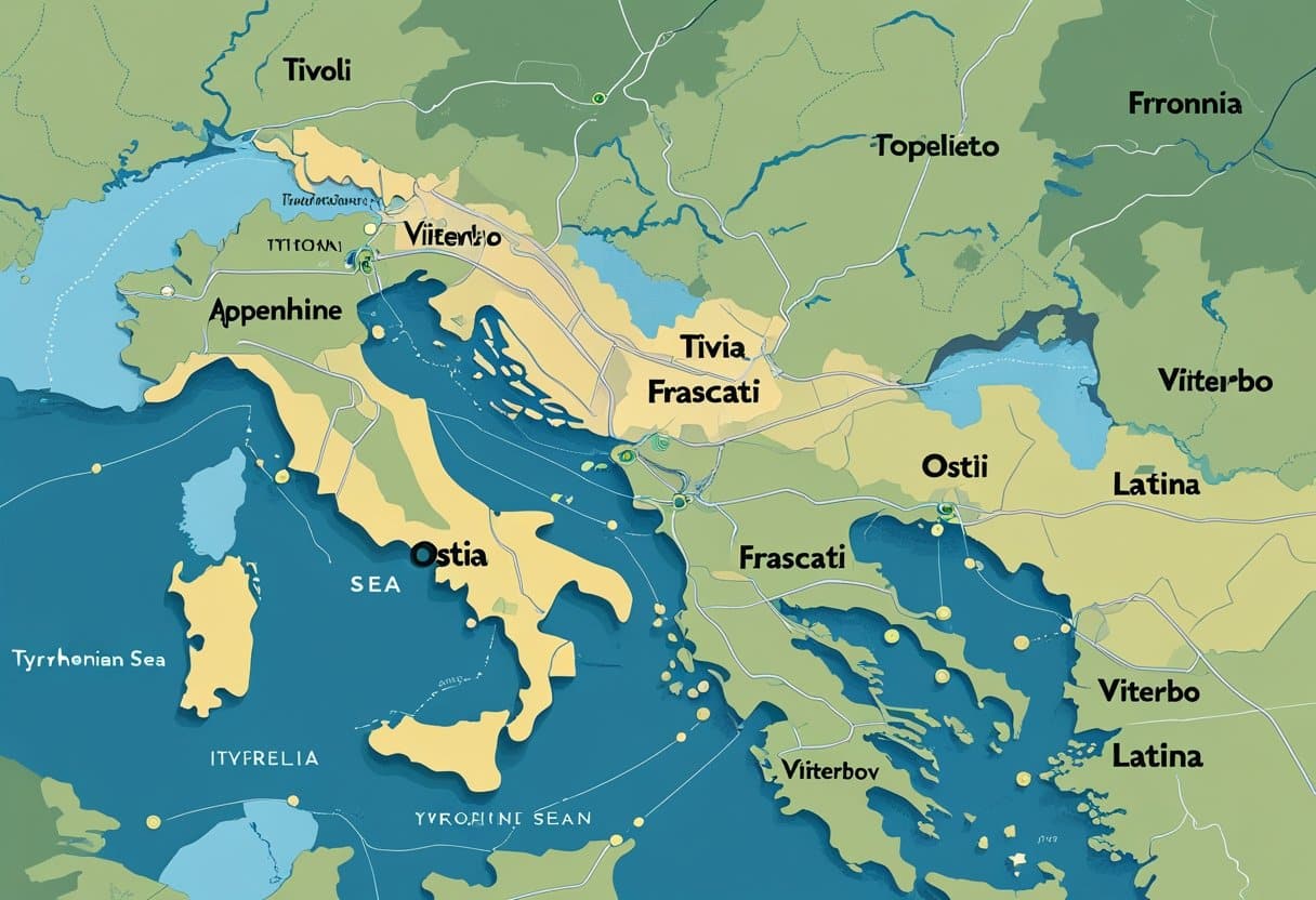 Mapa ilustrado mostrando cidades próximas a Roma, incluindo costa, montanhas e conexões entre as cidades.